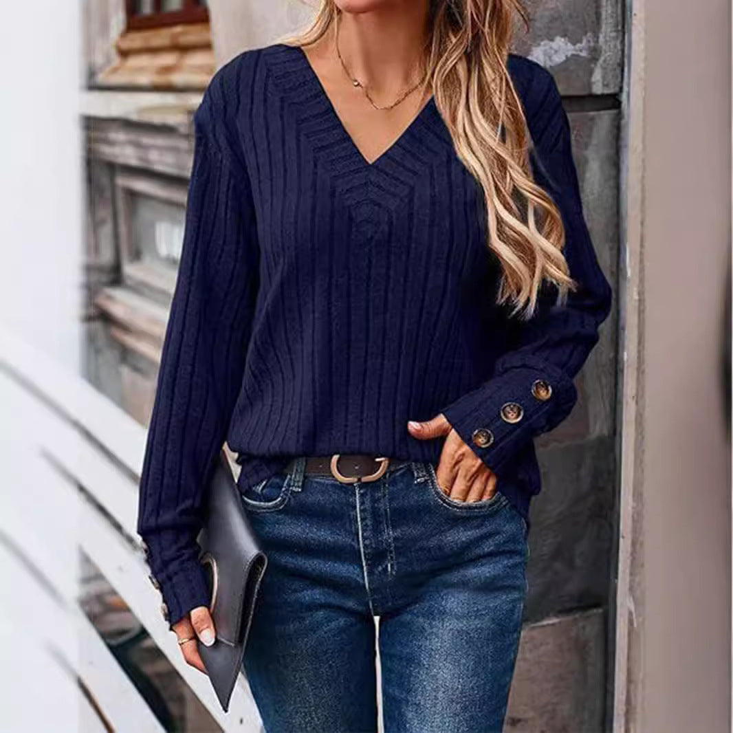 Damen V-Ausschnitt Strickpullover mit dekorativen Knöpfen EB
