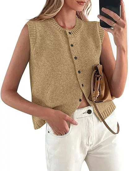Damen lässige Strickweste mit Knopfleiste und Rundhalsausschnitt EB