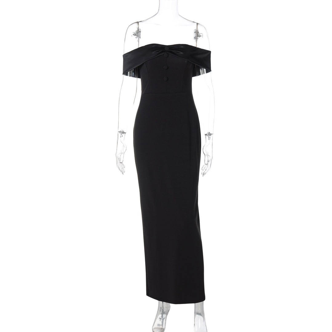 Damen Damenhaftes Maxi-Kleid mit off-shoulder Design und eleganten Knopfdetails EB