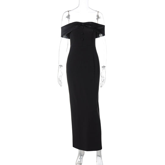 Damen Damenhaftes Maxi-Kleid mit off-shoulder Design und eleganten Knopfdetails EB