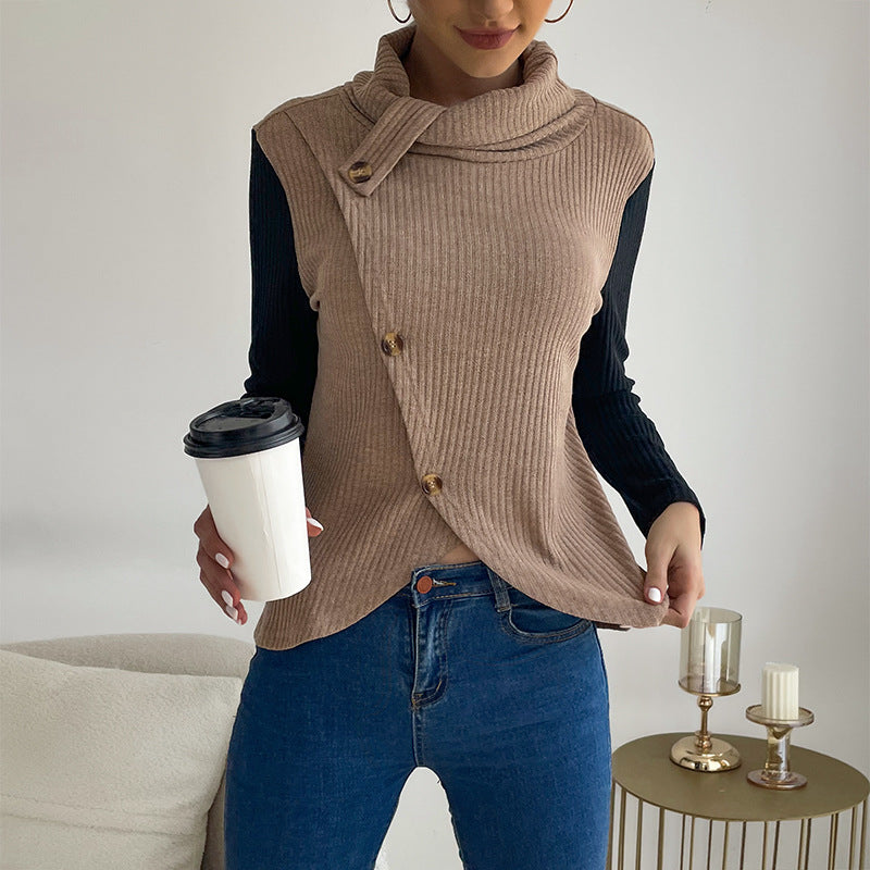 Damen Strickoberteil mit asymmetrischem Reverskragen und dekorativen Knöpfen EB