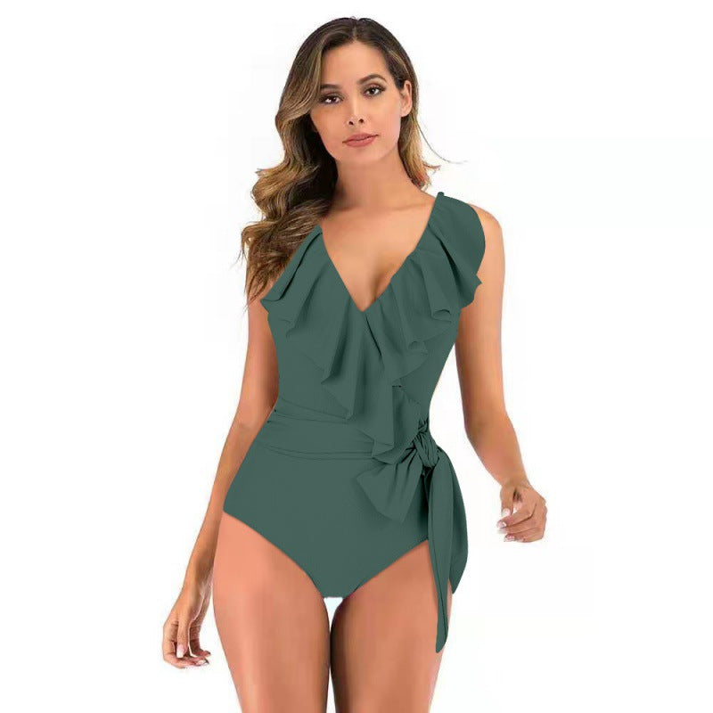 Damen Einteiliger Badeanzug mit raffinierten Rüschendetails und eleganter Schleife EB