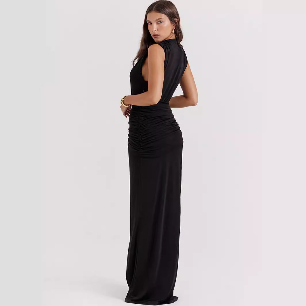 Damen Elegantes Maxikleid mit tiefem V-Ausschnitt und drapiertem Detail EB