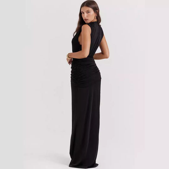 Damen Elegantes Maxikleid mit tiefem V-Ausschnitt und drapiertem Detail EB