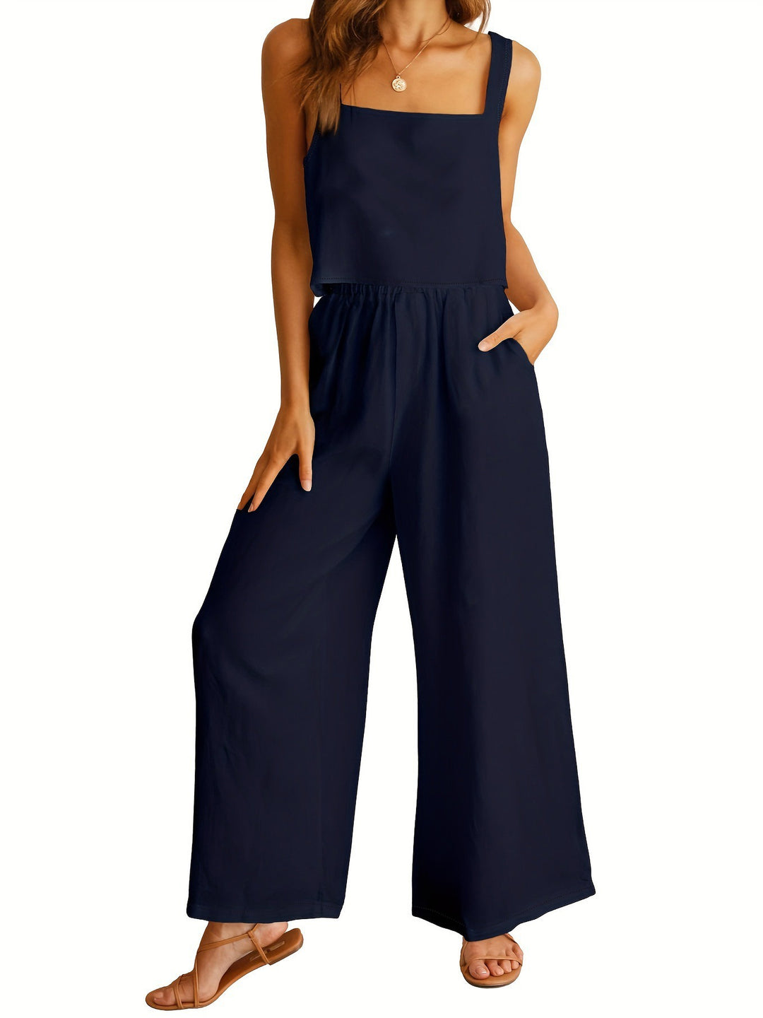 Damen Weit geschnittener Jumpsuit mit modischem Oberteil und praktischen Taschen EB