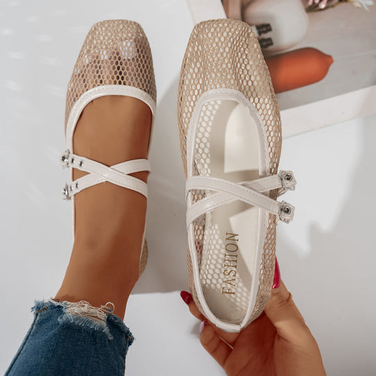 Damen modische Ballerinas mit atmungsaktivem Netzdesign und verstellbaren Riemen EB