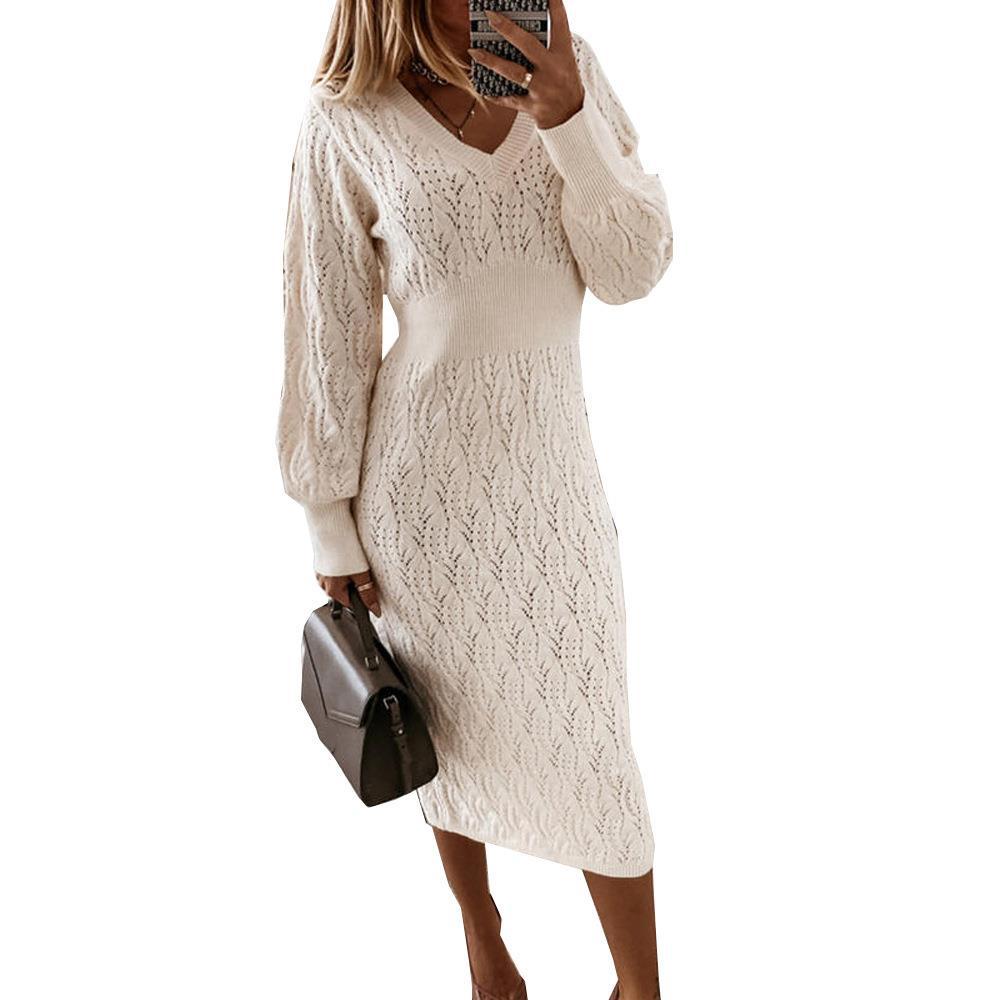 Damen Strickkleid mit halbtransparentem Muster und schickem V-Ausschnitt EB