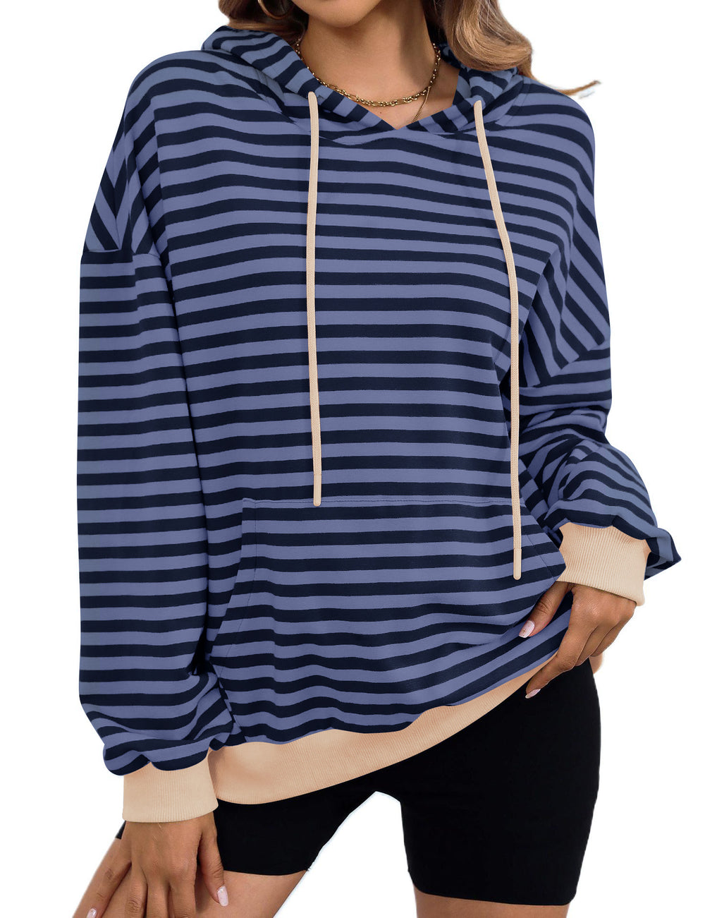 Damen gestreifter Kapuzenpullover mit stylischer Kängurutasche EB