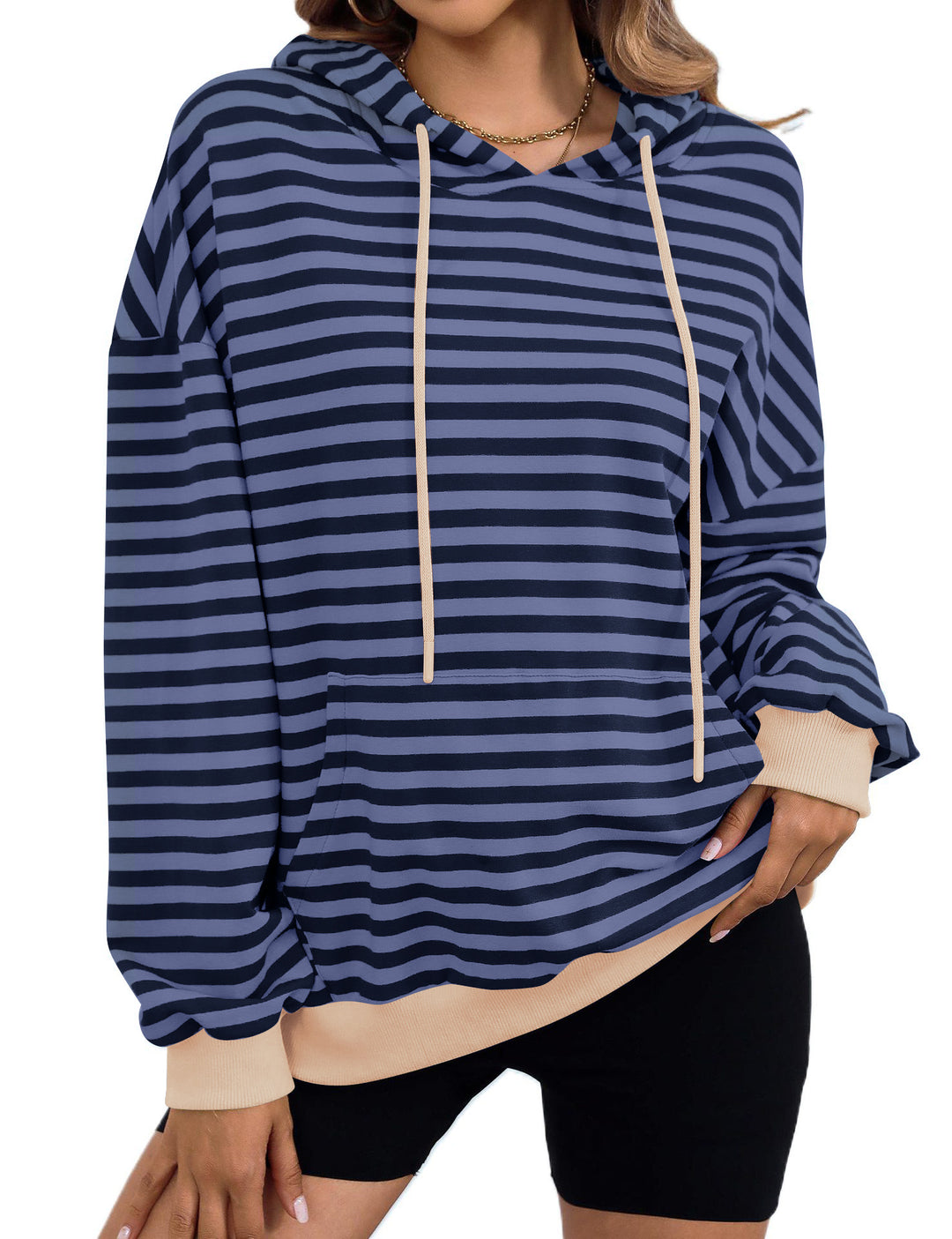 Damen gestreifter Kapuzenpullover mit stylischer Kängurutasche EB