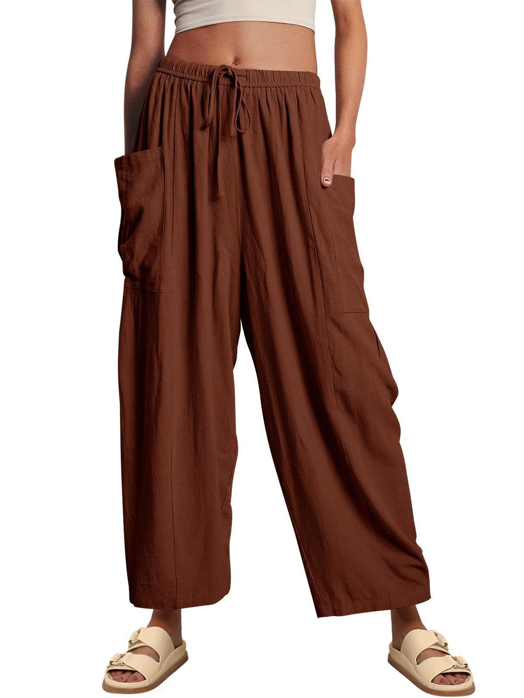 Damen nan weite Palazzohose aus leichtem Leinenmix mit Tunnelzug und seitlicher Tasche EB