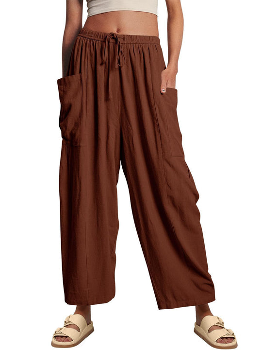 Damen nan weite Palazzohose aus leichtem Leinenmix mit Tunnelzug und seitlicher Tasche EB