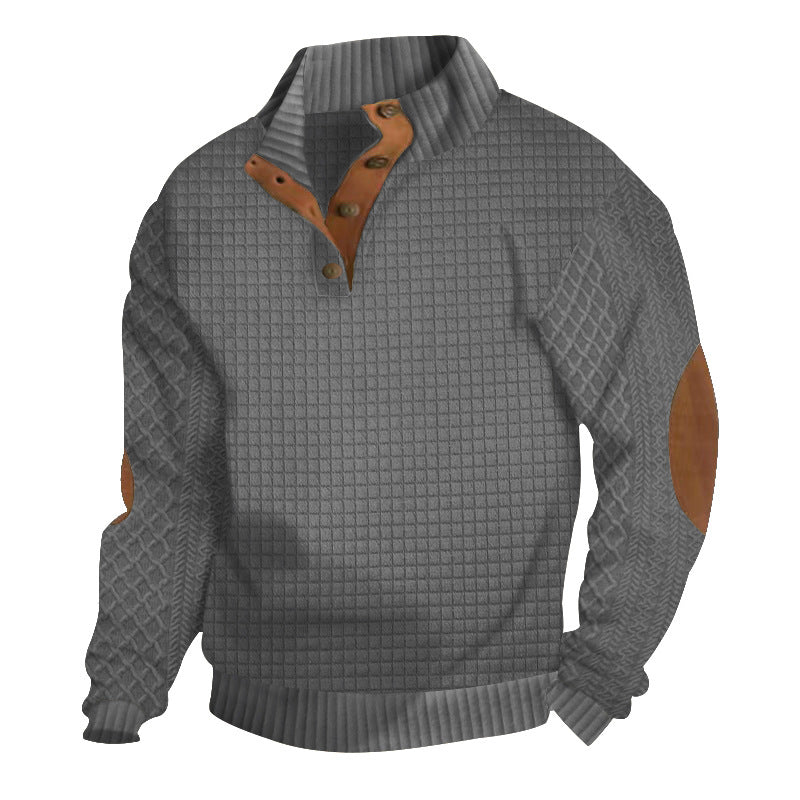 Herren nan Halbknopf-Stehkragenpullover mit Wabenstruktur und Lederbesatz EB