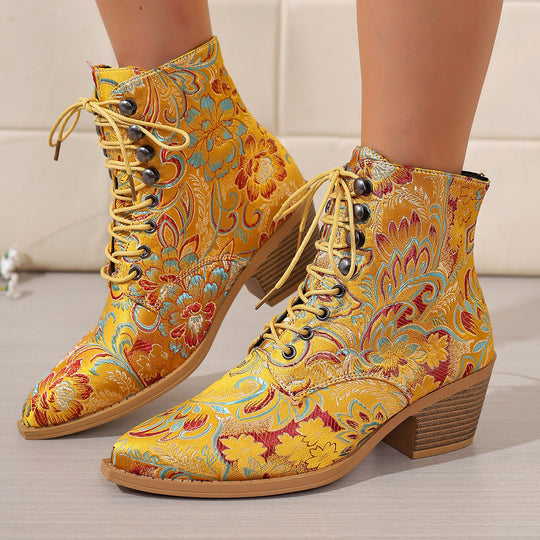Damen bestickte Schnür-Stiefelette mit Jacquard-Brokatmuster und niedrigem Blockabsatz EB