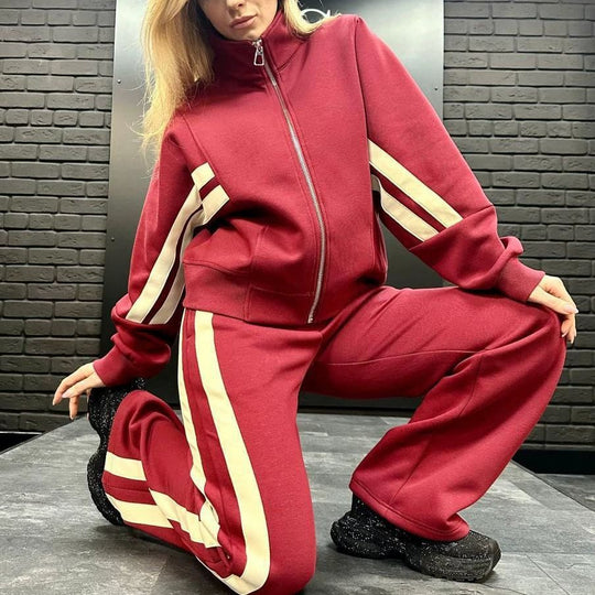 Damen nan athletisches Zweiteiler-Set aus French Terry mit Reißverschluss Cropped Jacke und weitem Highwaist Jogger EB