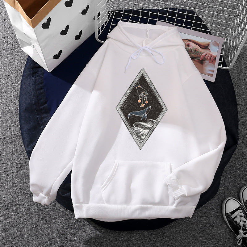 Damen nan Oversize Kapuzenpullover mit aufgenähter Wal-Patchapplikation, Kängurutasche und fleecegefüttertem Innenfutter EB