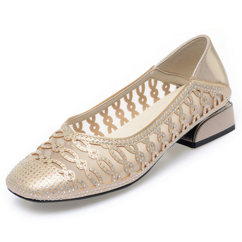 Damen Elegante Ballerinas mit funkelnden Strass-Details und komfortablem Blockabsatz EB
