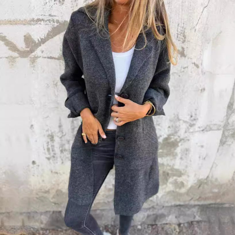 Damen nan Oversize Wollmix-Mantel mit Reverskragen aufgesetzten Taschen geknöpfter Front und umgeschlagenen Ärmeln EB