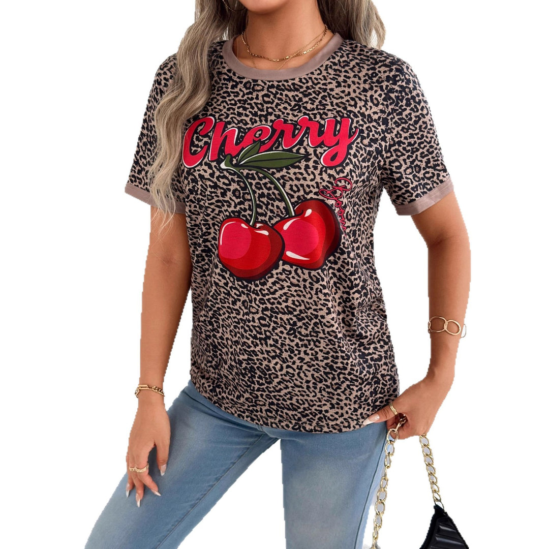 Damen lässiges T-Shirt mit Leopardenmuster und frischem Kirschen-Print EB