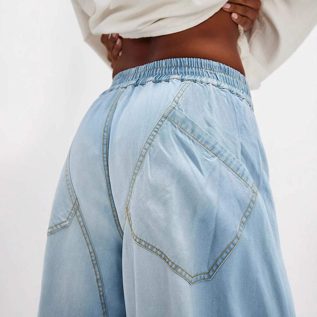 Damen Lässige weite Denim-Jeans mit elastischem Bund und praktischen Taschen EB