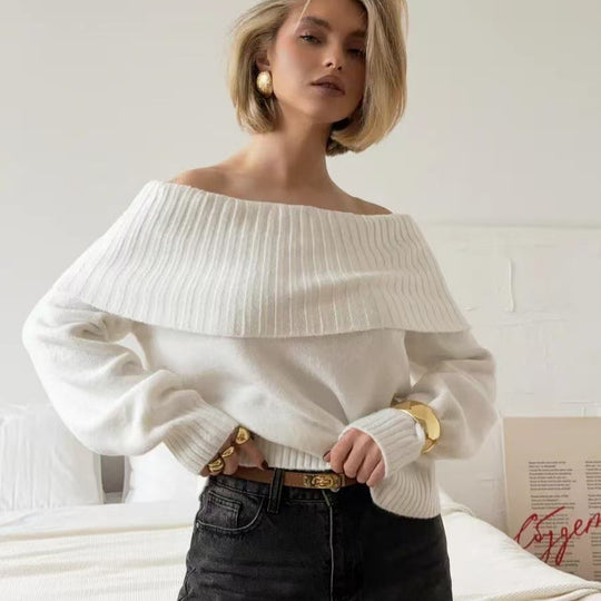 Damen Off-Shoulder Strickpullover mit Rippstruktur EB