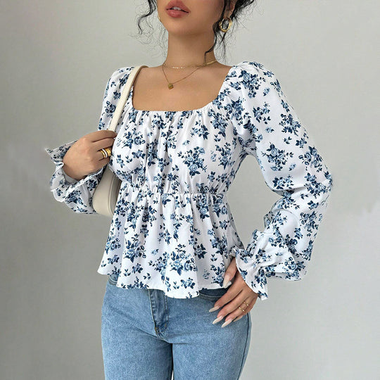 Damen geblümtes Carmen-Top mit geraffter Taillenlinie und Volant-Saum Eichborn Berlin