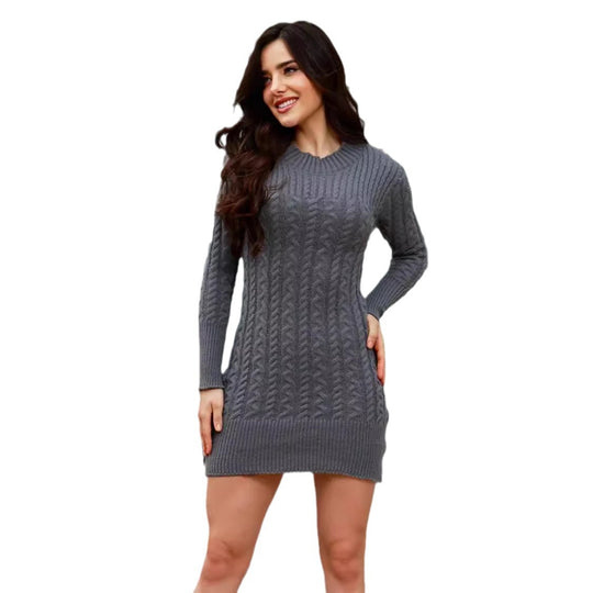 Damen Strickkleid mit kunstvollem Zopfmuster und figurbetontem Schnitt EB