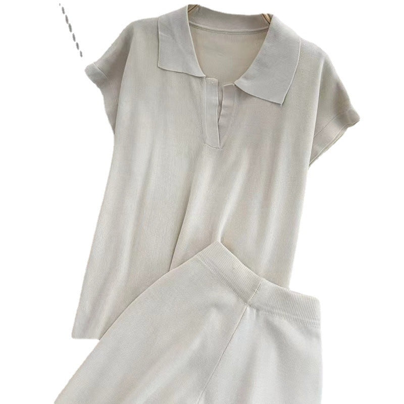 Damen elegantes Lounge-Set mit kurzärmligem Polo und weiten Hosen EB
