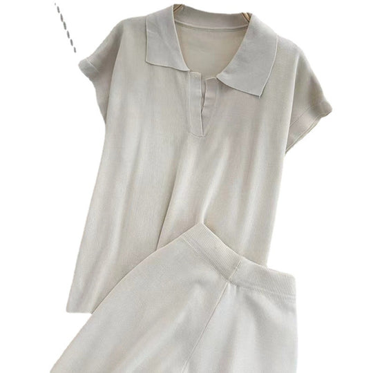 Damen elegantes Lounge-Set mit kurzärmligem Polo und weiten Hosen EB