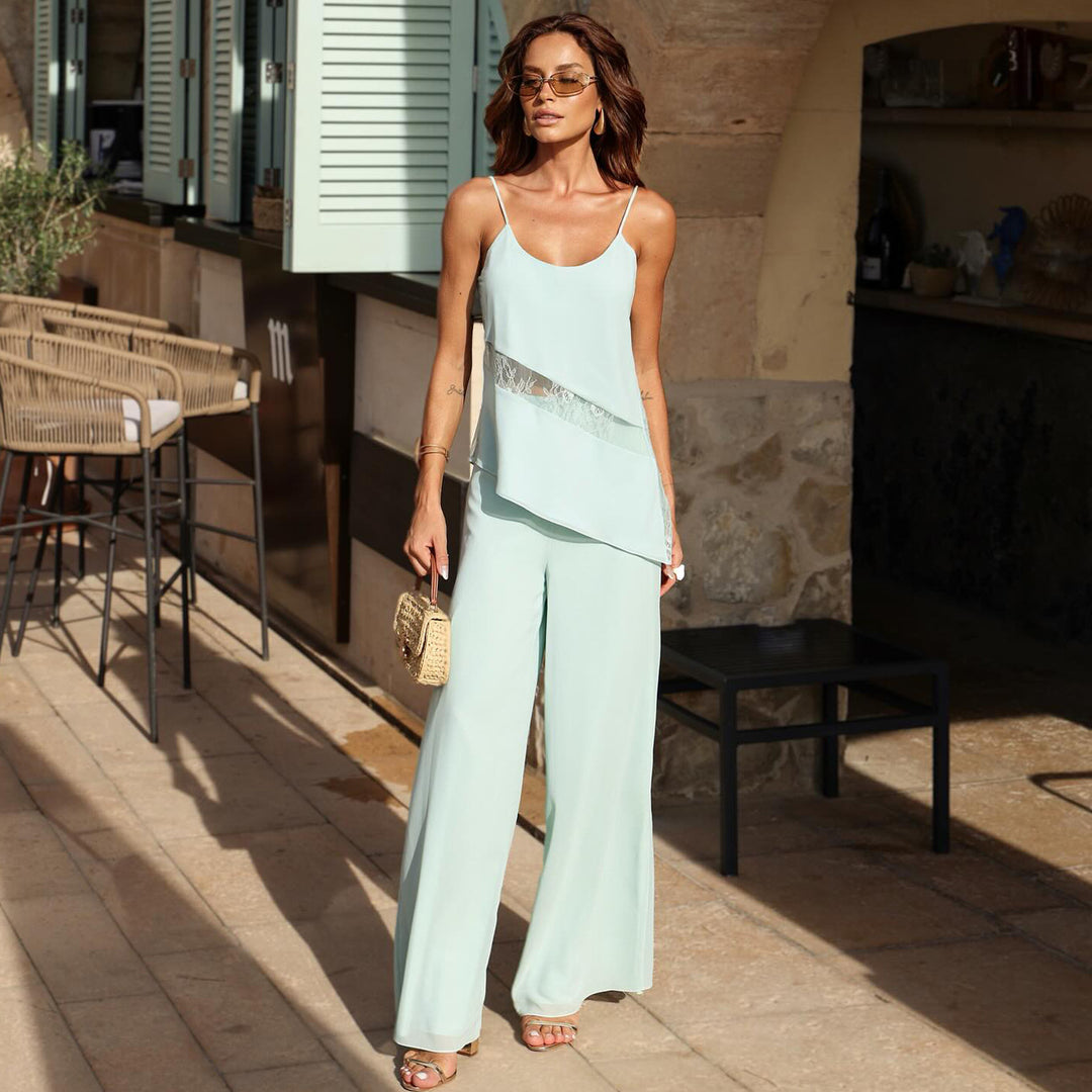 Damen elegantes Zweiteiler-Oberteil mit fließendem Schnitt und weiter Hose EB