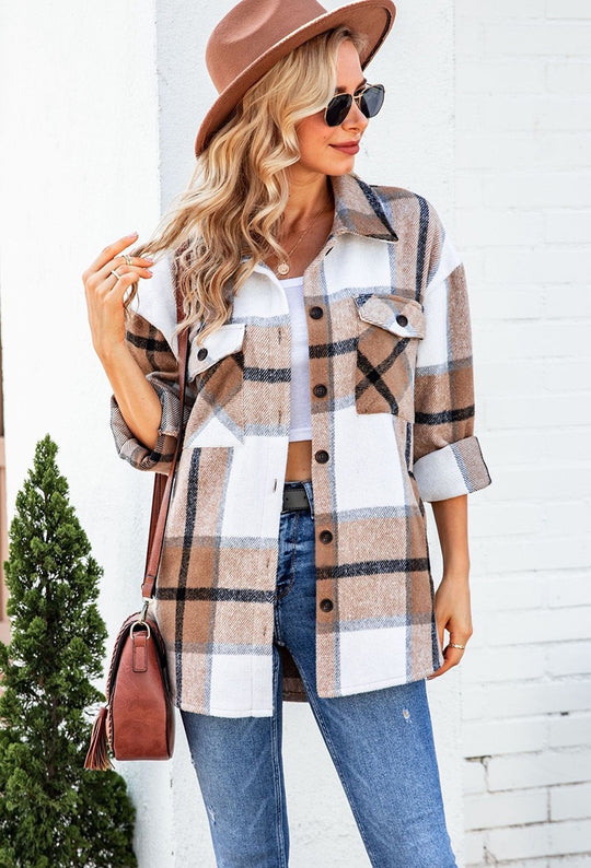 Damen Karierte Flanelljacke mit Brusttaschen EB