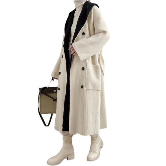Damen Eleganter langer Mantel mit Gürtel und kontrastierenden Ärmeln EB
