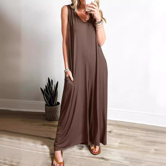 Damen weit geschnittene Jumpsuit mit V-Ausschnitt EB