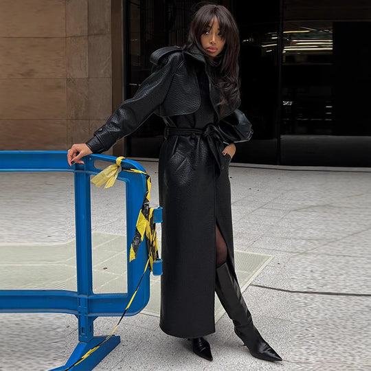 Damen Kunstleder Trenchcoat mit Oberteil und Taillengürtel EB