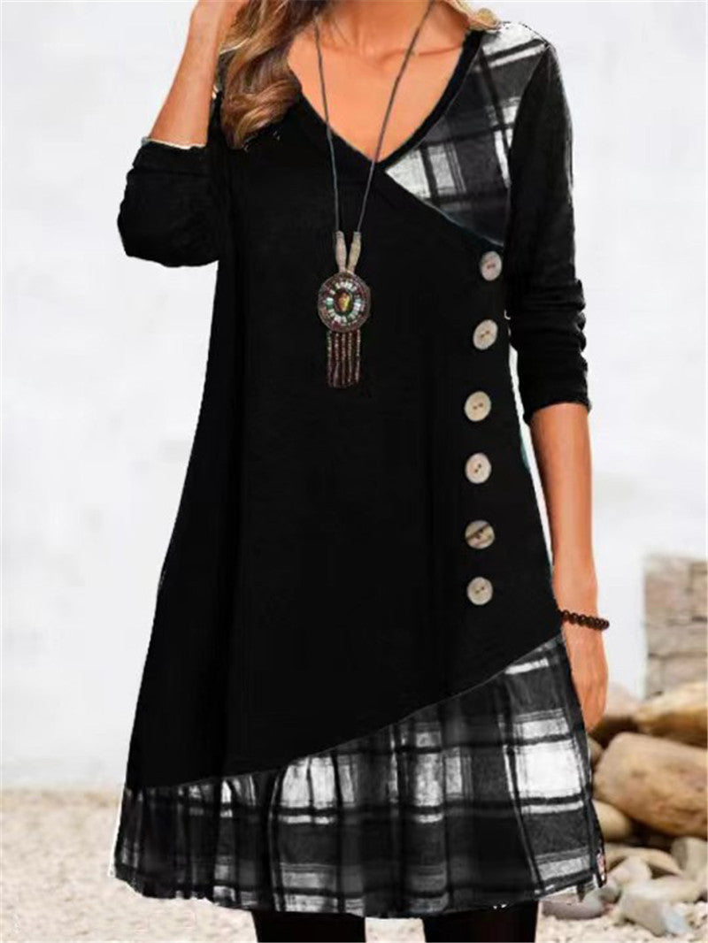 Damen asymmetrisches Freizeitkleid mit kariertem Saum und Knopfdetail EB