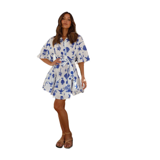 Damen Freizeit Hemdkleid mit Gürtel taille EB
