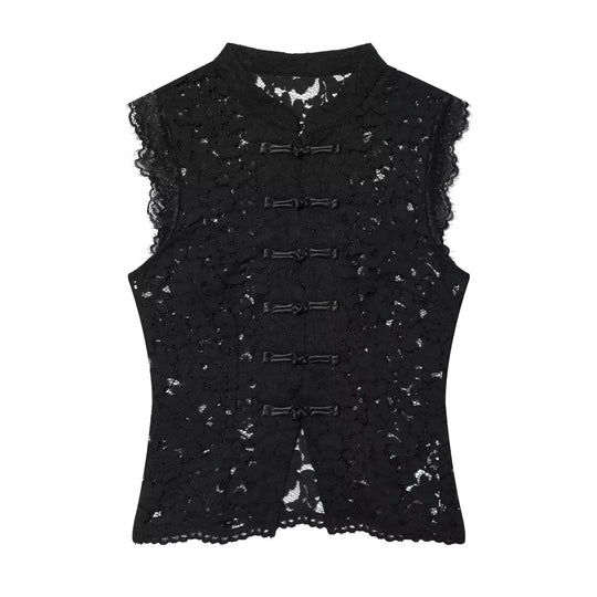Damen-Spitzenoberteil mit traditionellem Stehkragen und eleganten Knopfdetails EB