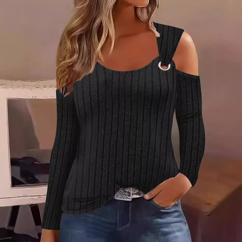 Damen elegantes Rippenshirt mit modischem Cut-Out und Schulterdetails EB