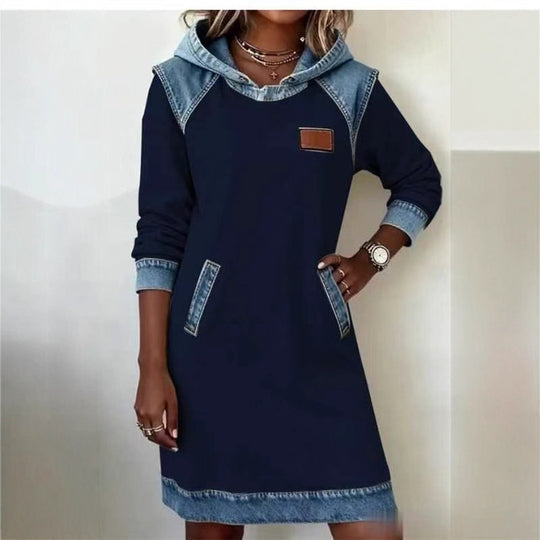 Damen nan Kapuzen-Sweatkleid mit Jeans-Applikationen, Kängurutaschen und lässigem Schnitt EB
