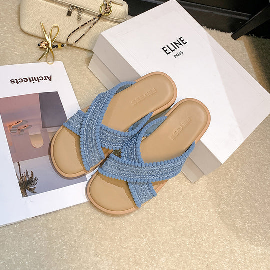 Damen modische Sandalen mit dekorativem Geflecht und komfortablem Fußbett EB