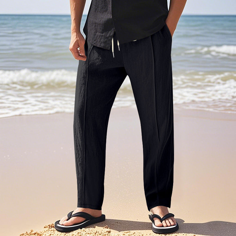 Herren nan relaxed-fit Sommer-Leinenhose mit Bügelfalte elastischem Tunnelzug und Seitentaschen EB