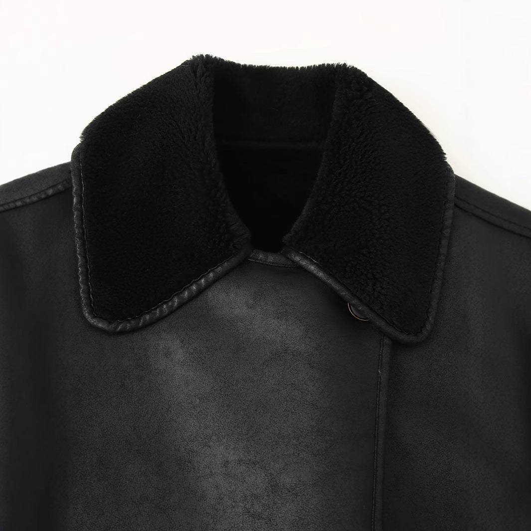 Damen Kunstlederjacke mit luxuriösem Fellkragen und praktischen Taschen EB