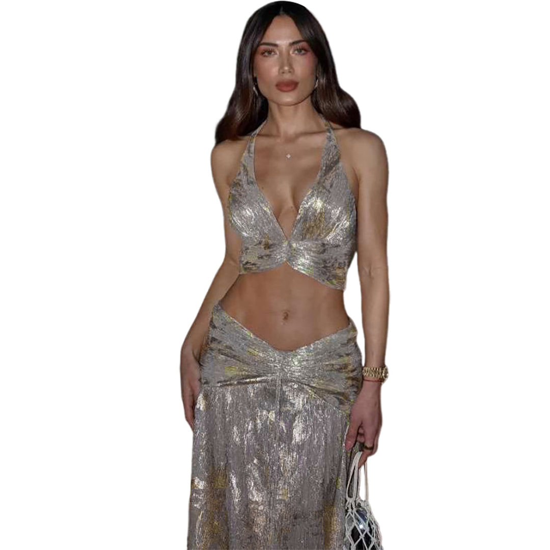 Damen Zweiteiliges glitzerndes Maxikleid mit raffinierten Schnürdetails EB