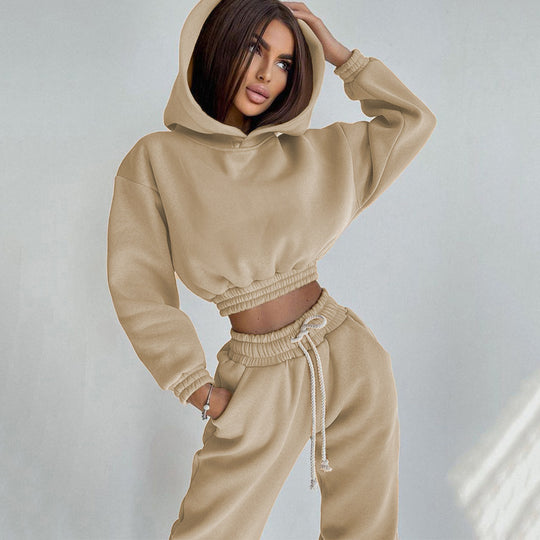 Damen nan Cropped-Hoodie-Loungewear-Set mit elastischem Rippbund, hoher Taillen-Jogginghose und dekorativem Kordelzug EB