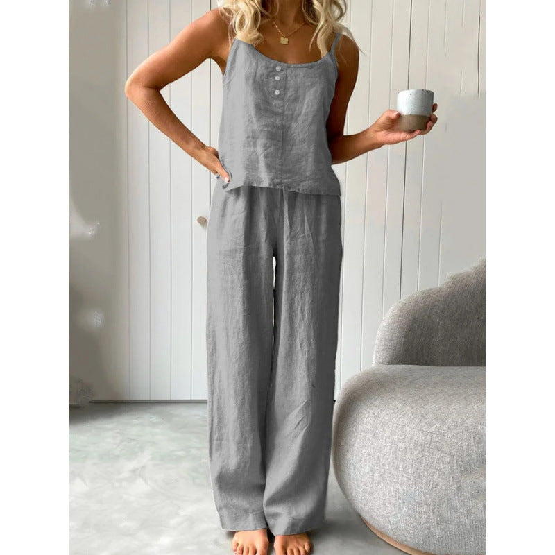 Damen lässiges Leinen-Set mit trägerloser Bluse und weiten Hosen EB