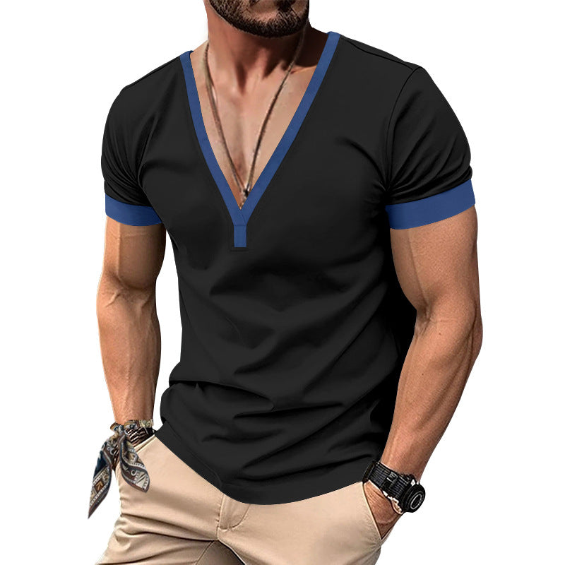 Herren V-Ausschnitt T-Shirt mit kontrastierenden Ärmeln und atmungsaktiver Baumwolle EB