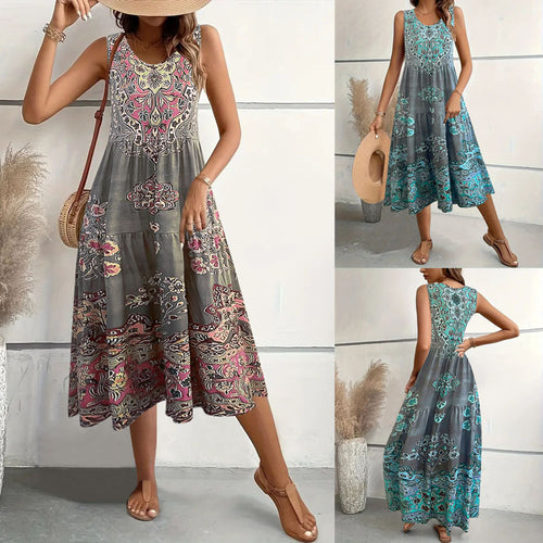 Damen Maxi-Kleid mit verspieltem Ethnomuster und schwingendem Schnitt EB