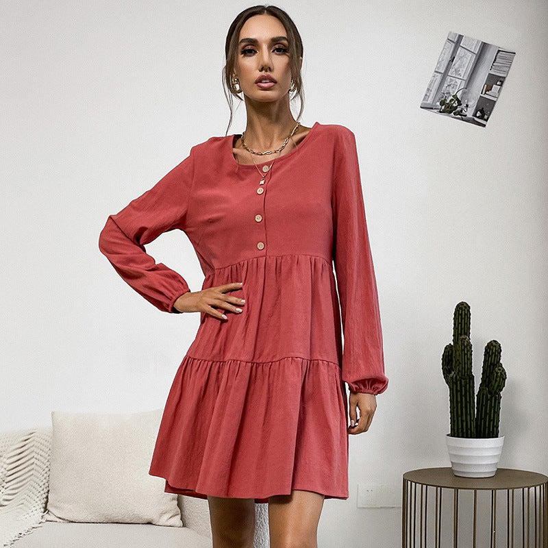 Damen Freizeitkleid mit Knopfdetails und voluminösem Rock EB