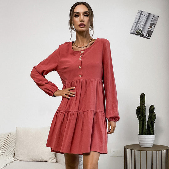 Damen Freizeitkleid mit Knopfdetails und voluminösem Rock EB