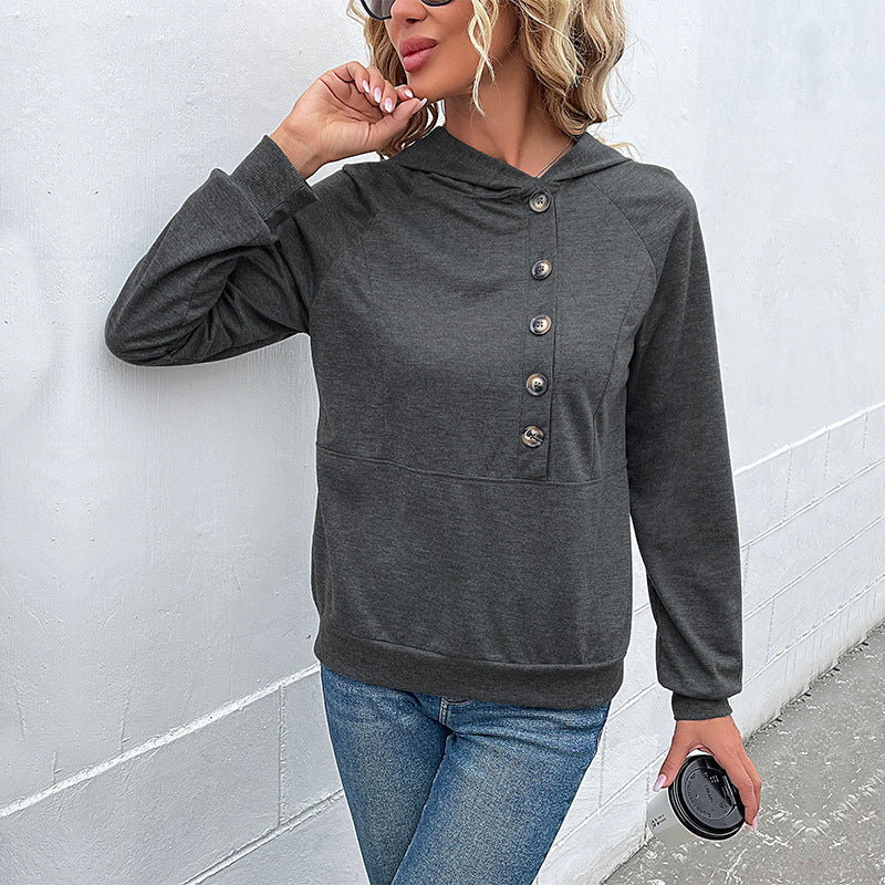 Damen lässiger Kapuzenpullover mit Knopfleiste und Raglanärmeln EB