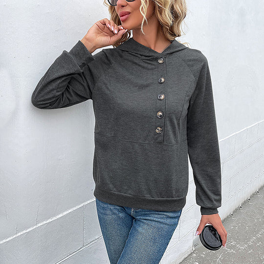 Damen lässiger Kapuzenpullover mit Knopfleiste und Raglanärmeln EB